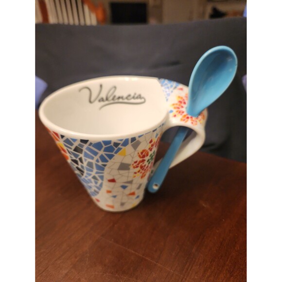 Valencia Spain Coffee Mug in Geometric Patterns w/ Stirring Spoon - Picture 1 of 9